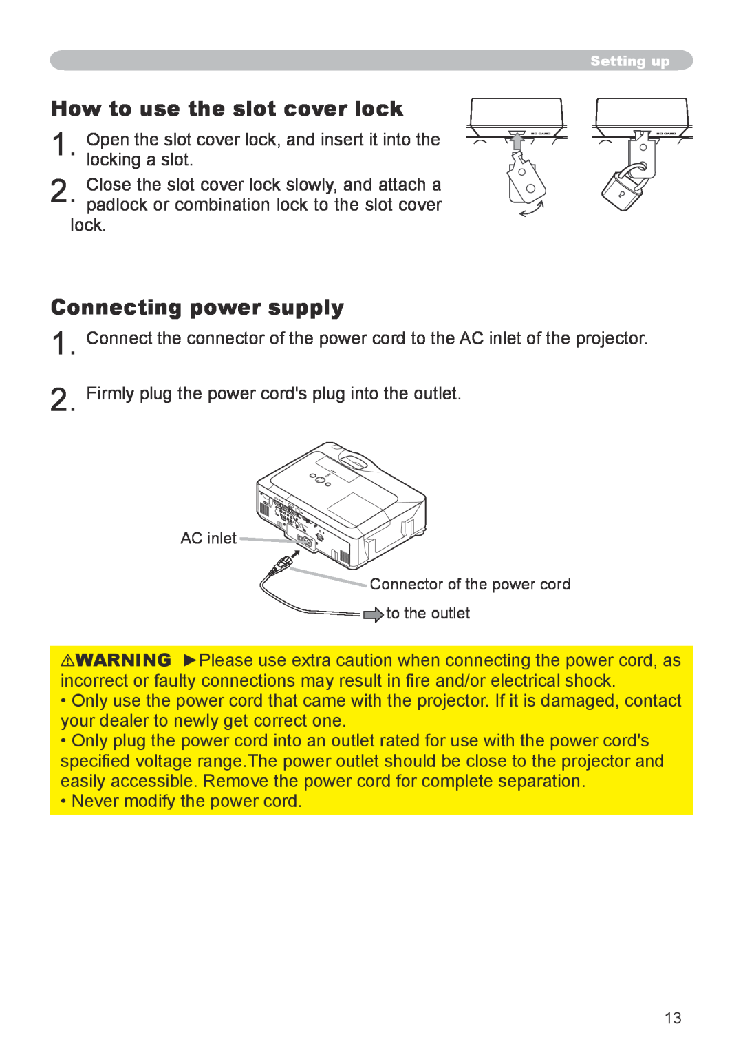 Hitachi CP-X608 user manual How to use the slot cover lock, Connecting power supply 