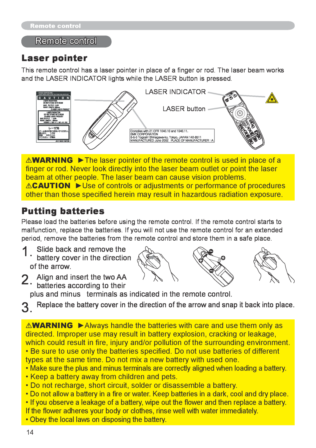 Hitachi CP-X608 user manual Remote control, Laser pointer, Putting batteries 