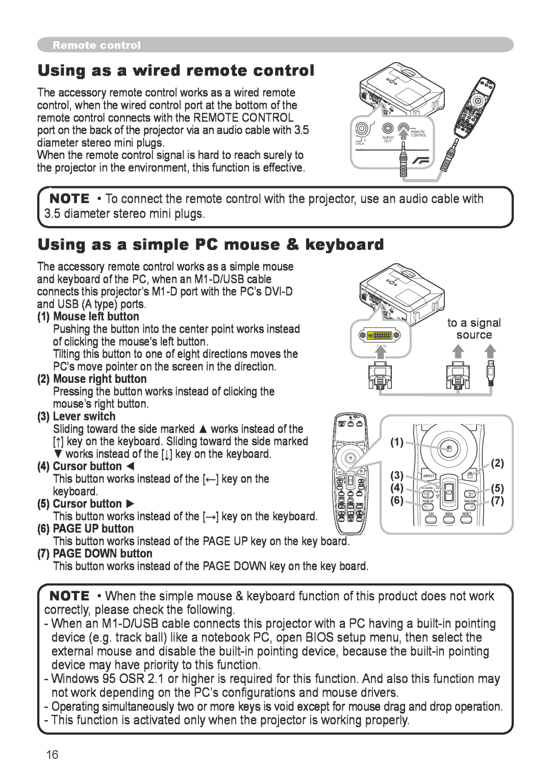 Hitachi CP-X608 user manual Using as a wired remote control, Using as a simple PC mouse & keyboard 