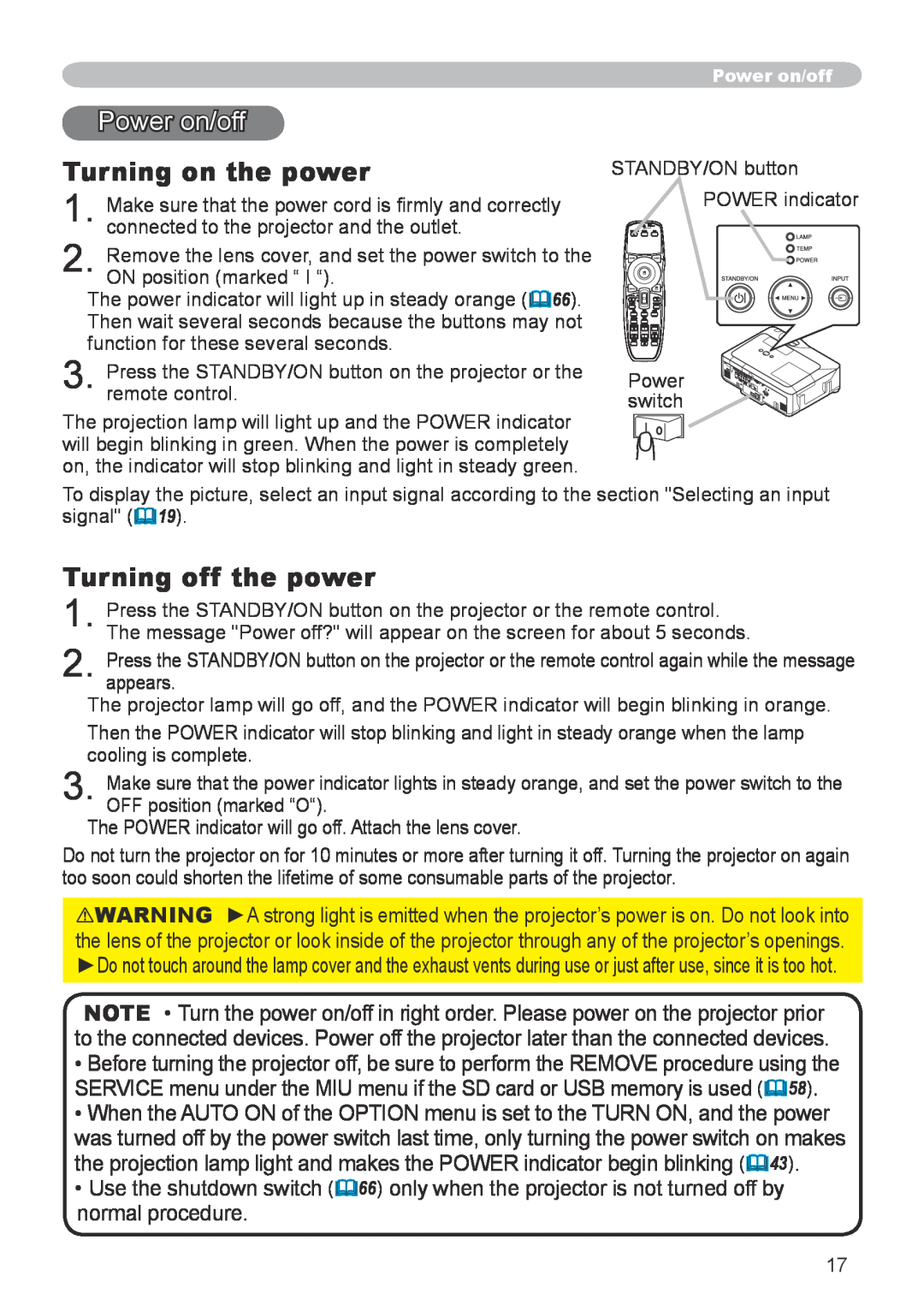 Hitachi CP-X608 user manual Power on/off, Turning on the power, Turning off the power 