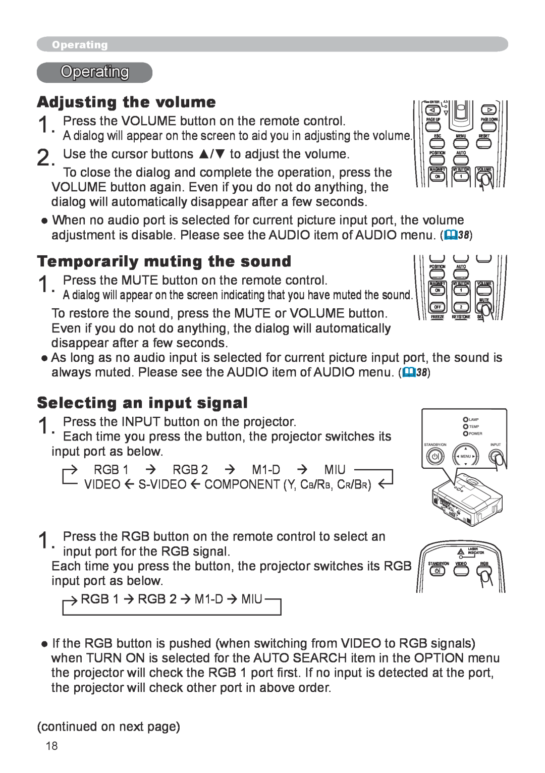 Hitachi CP-X608 user manual Operating, Adjusting the volume, Temporarily muting the sound, Selecting an input signal 