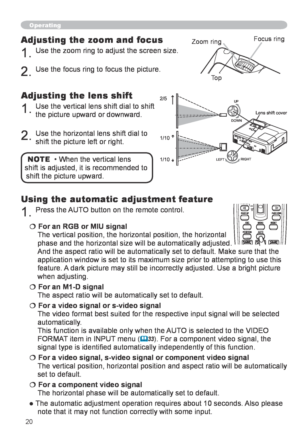 Hitachi CP-X608 user manual Adjusting the zoom and focus, Adjusting the lens shift, Using the automatic adjustment feature 