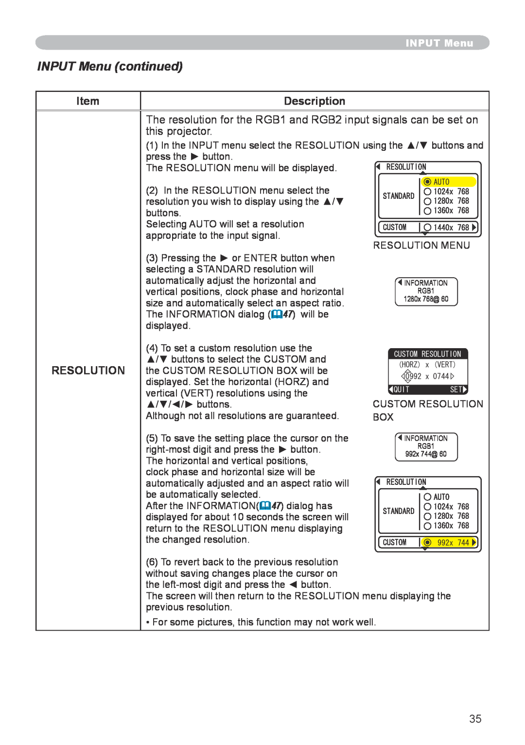 Hitachi CP-X608 user manual INPUT Menu continued, Description, Resolution, The RESOLUTION menu will be displayed 
