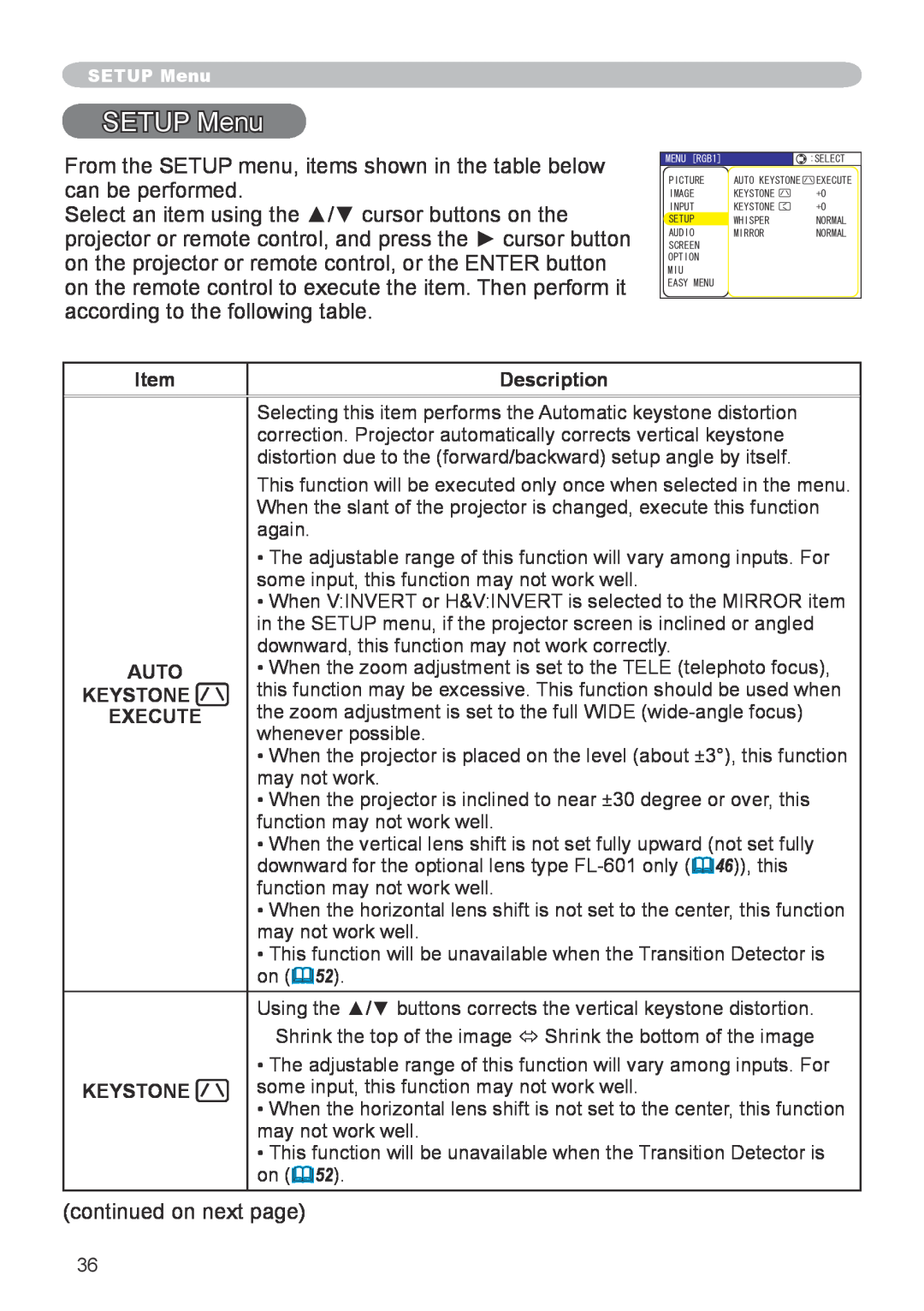 Hitachi CP-X608 user manual SETUP Menu, Description, Auto, Keystone, Execute 