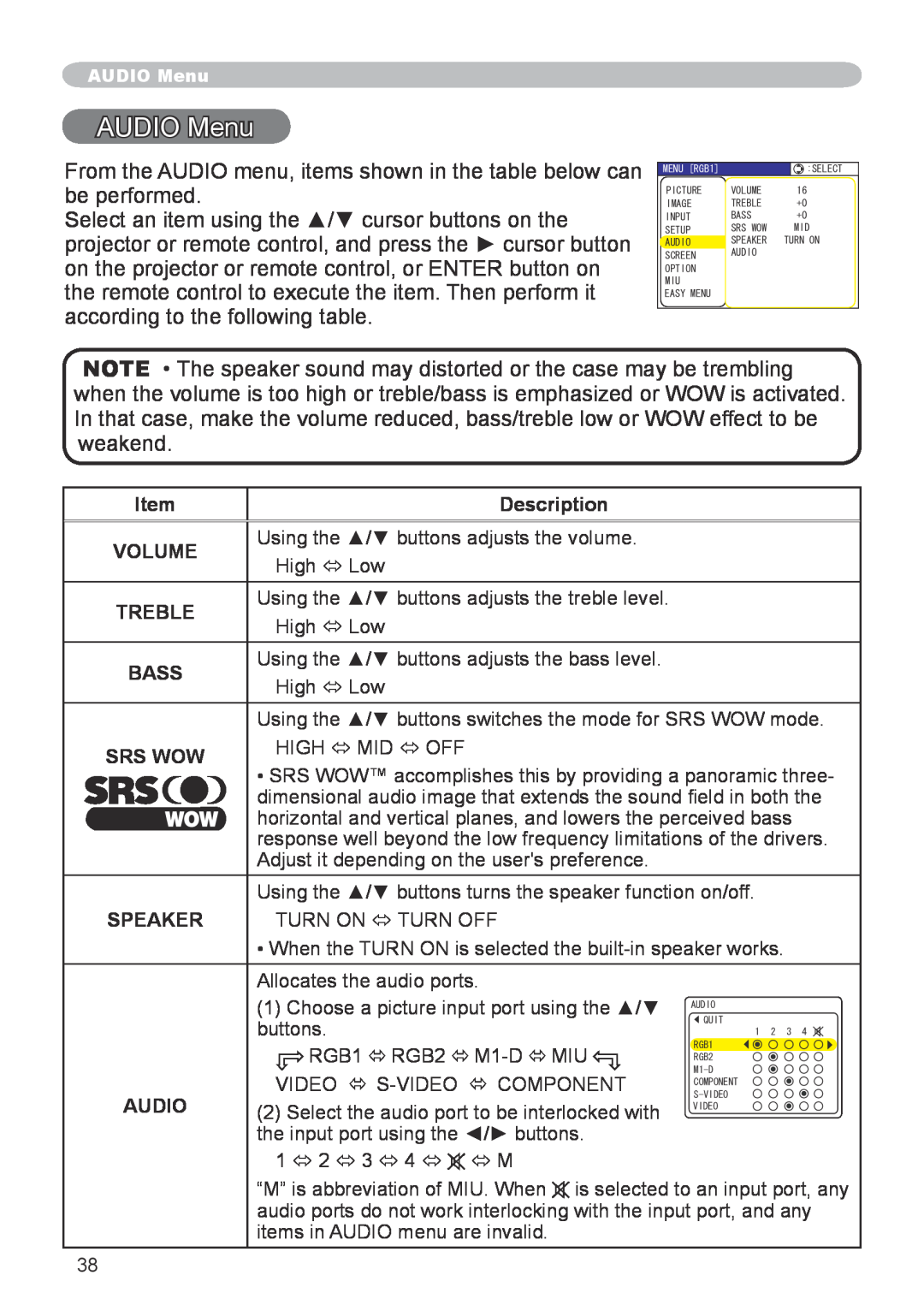 Hitachi CP-X608 user manual AUDIO Menu, ó M 