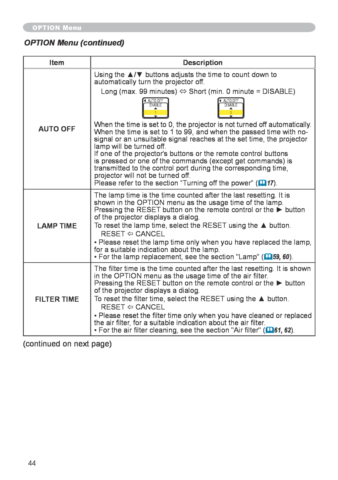 Hitachi CP-X608 user manual OPTION Menu continued, Description, Auto Off, Lamp Time, Filter Time 
