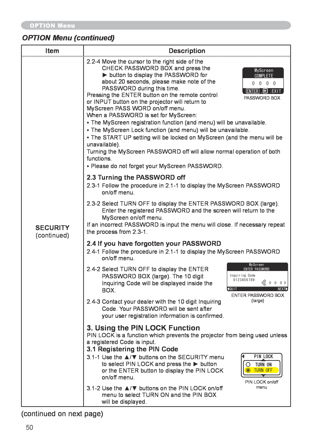 Hitachi CP-X608 user manual Using the PIN LOCK Function, OPTION Menu continued, Description, SECURITY continued 