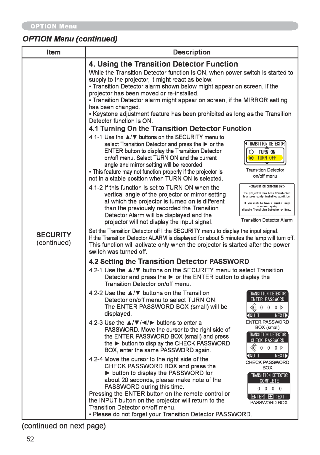 Hitachi CP-X608 user manual Using the Transition Detector Function, OPTION Menu continued, Description, SECURITY continued 