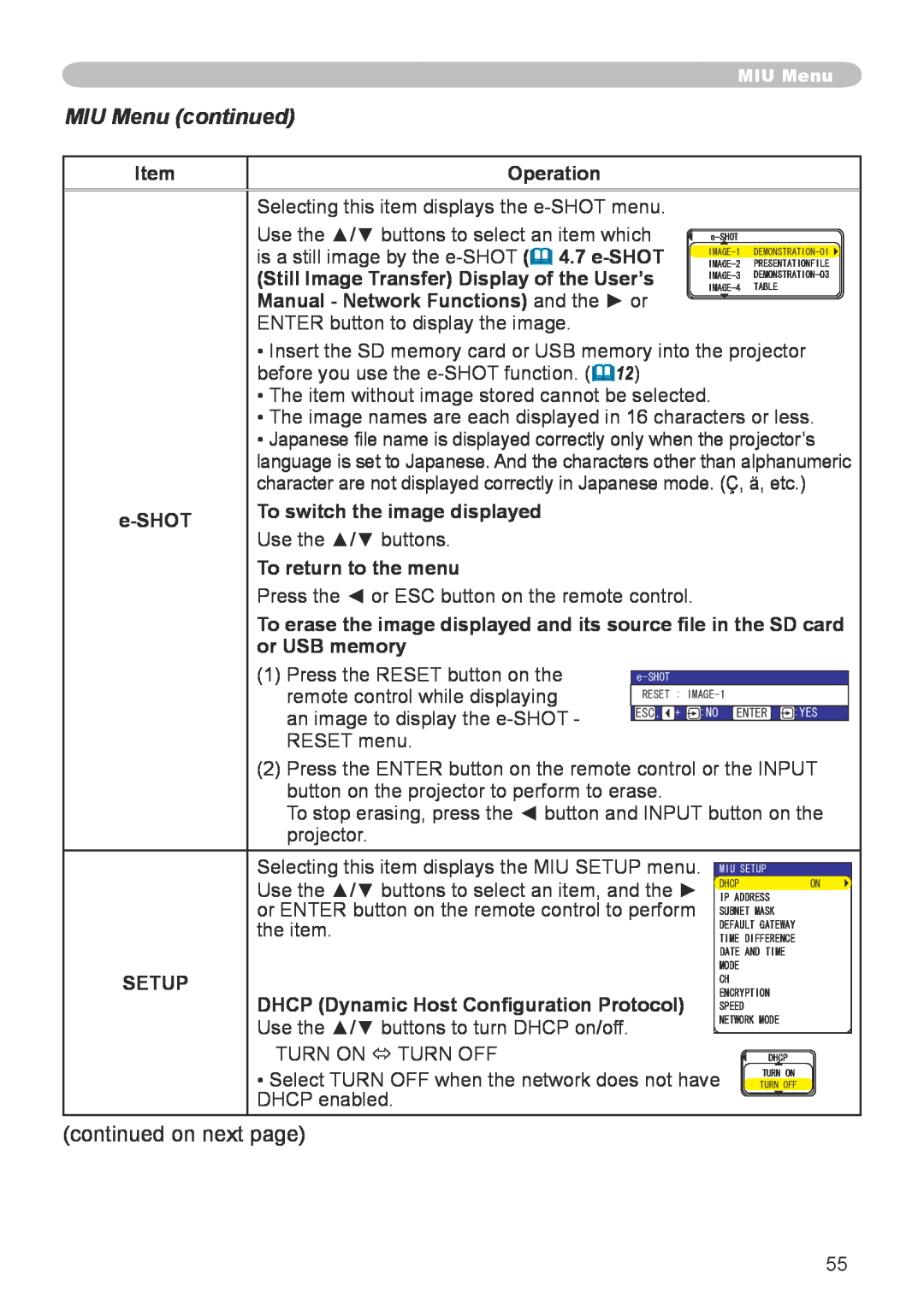Hitachi CP-X608 MIU Menu continued, Operation, Still Image Transfer Display of the User’s, e-SHOT, To return to the menu 