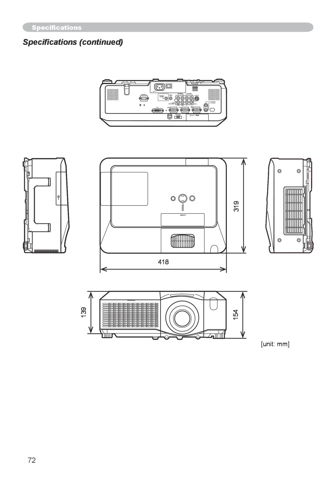 Hitachi CP-X608 user manual Specifications continued, 319 418, unit mm 