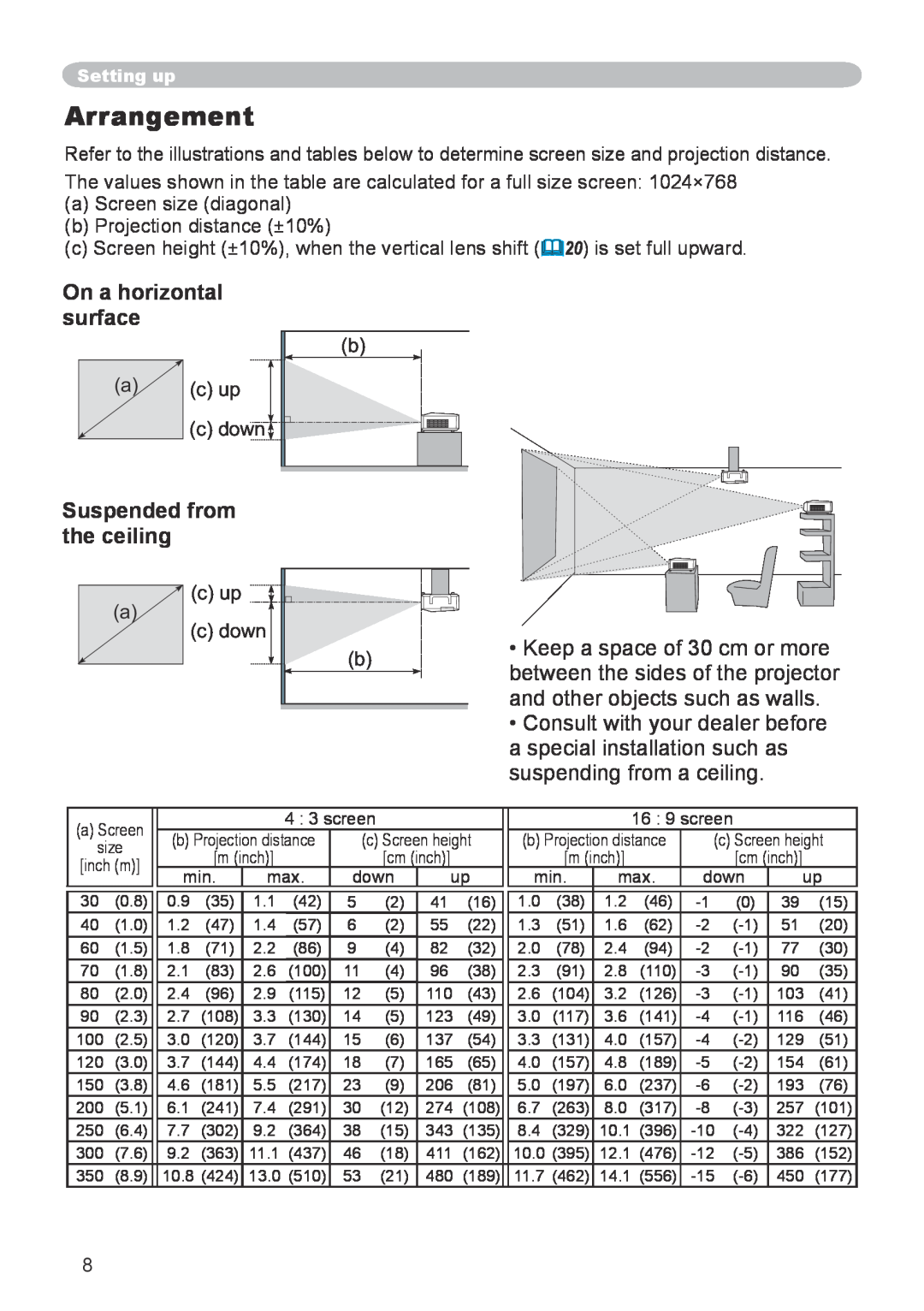 Hitachi CP-X608 user manual Arrangement, On a horizontal surface, Suspended from the ceiling 