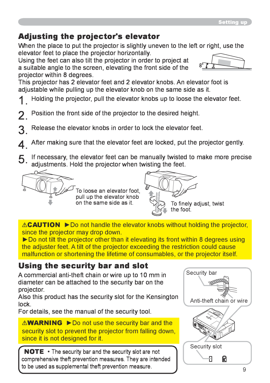 Hitachi CP-X608 user manual Adjusting the projectors elevator, Using the security bar and slot 