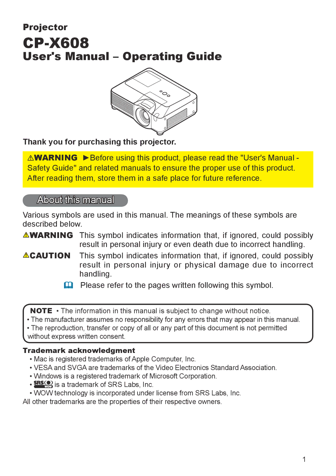 Hitachi CP-X608 user manual About this manual, Thank you for purchasing this projector, Trademark acknowledgment 