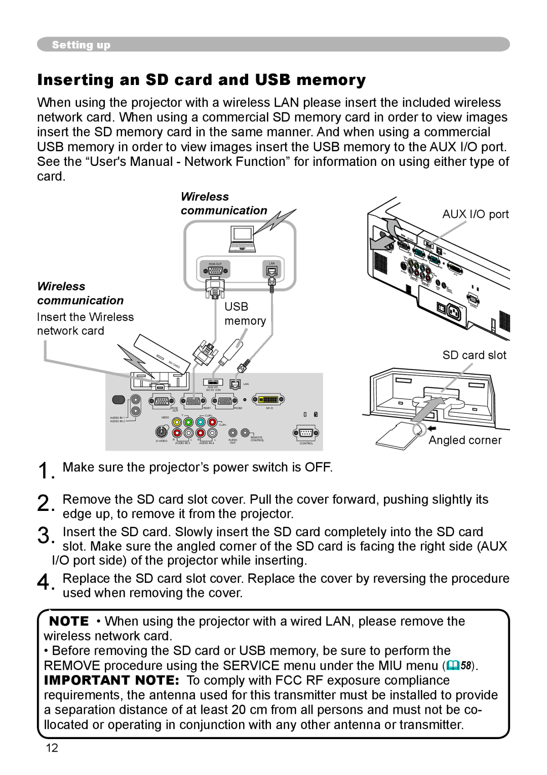 Hitachi CP-X608 user manual Inserting an SD card and USB memory, Usb, Insert the Wireless Memory Network card 