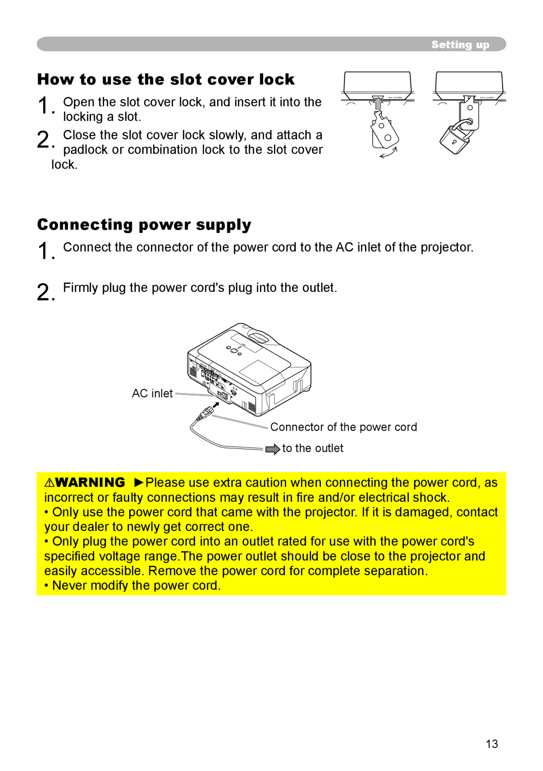 Hitachi CP-X608 user manual How to use the slot cover lock, Connecting power supply 