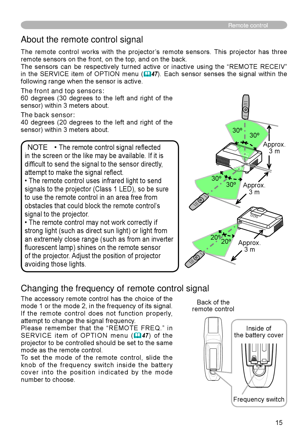 Hitachi CP-X608 About the remote control signal, Changing the frequency of remote control signal, Front and top sensors 