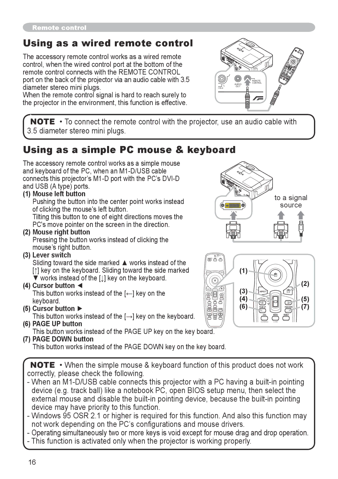 Hitachi CP-X608 user manual Using as a wired remote control, Using as a simple PC mouse & keyboard 