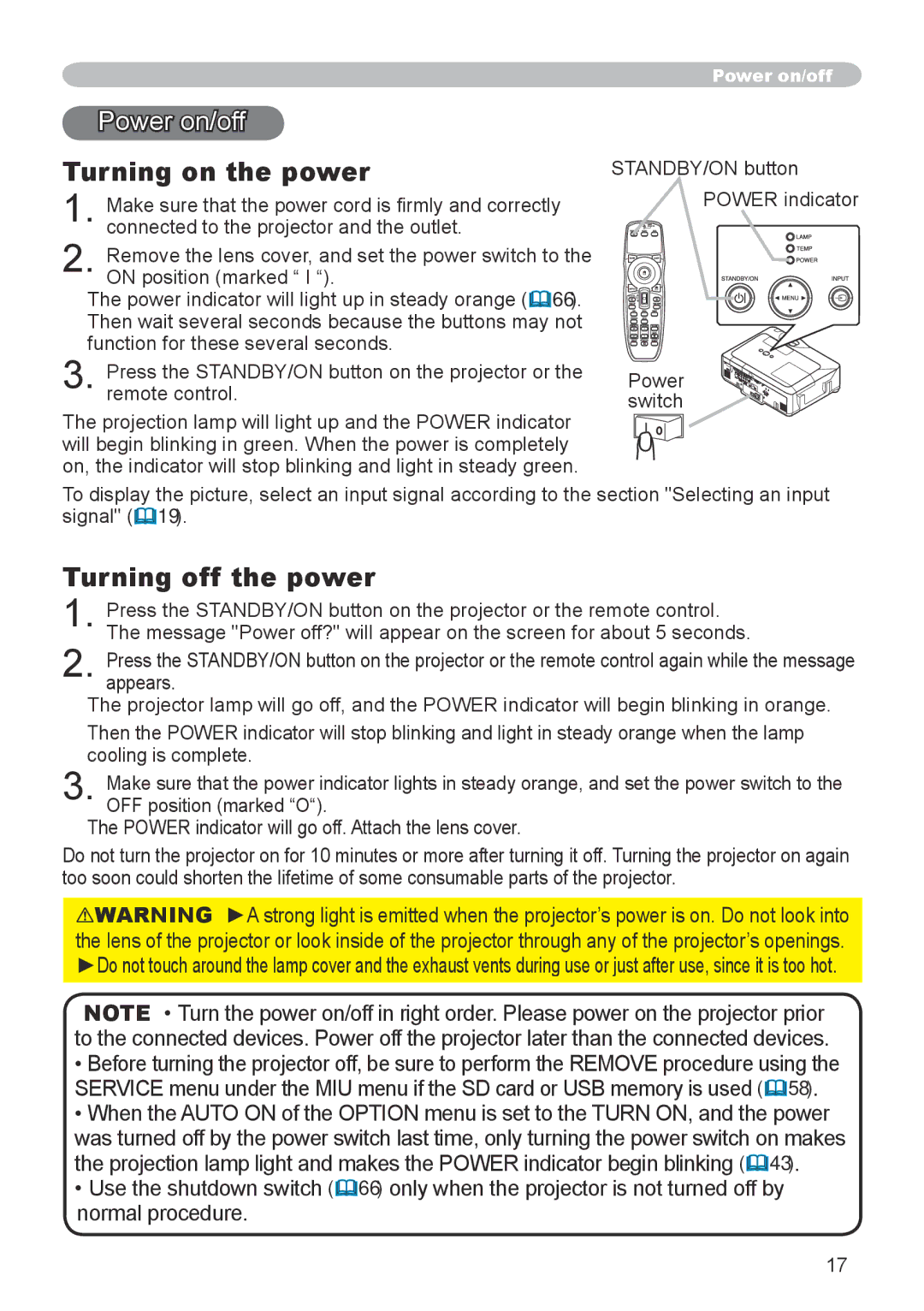 Hitachi CP-X608 user manual Power on/off, Turning on the power, Turning off the power, Function for these several seconds 