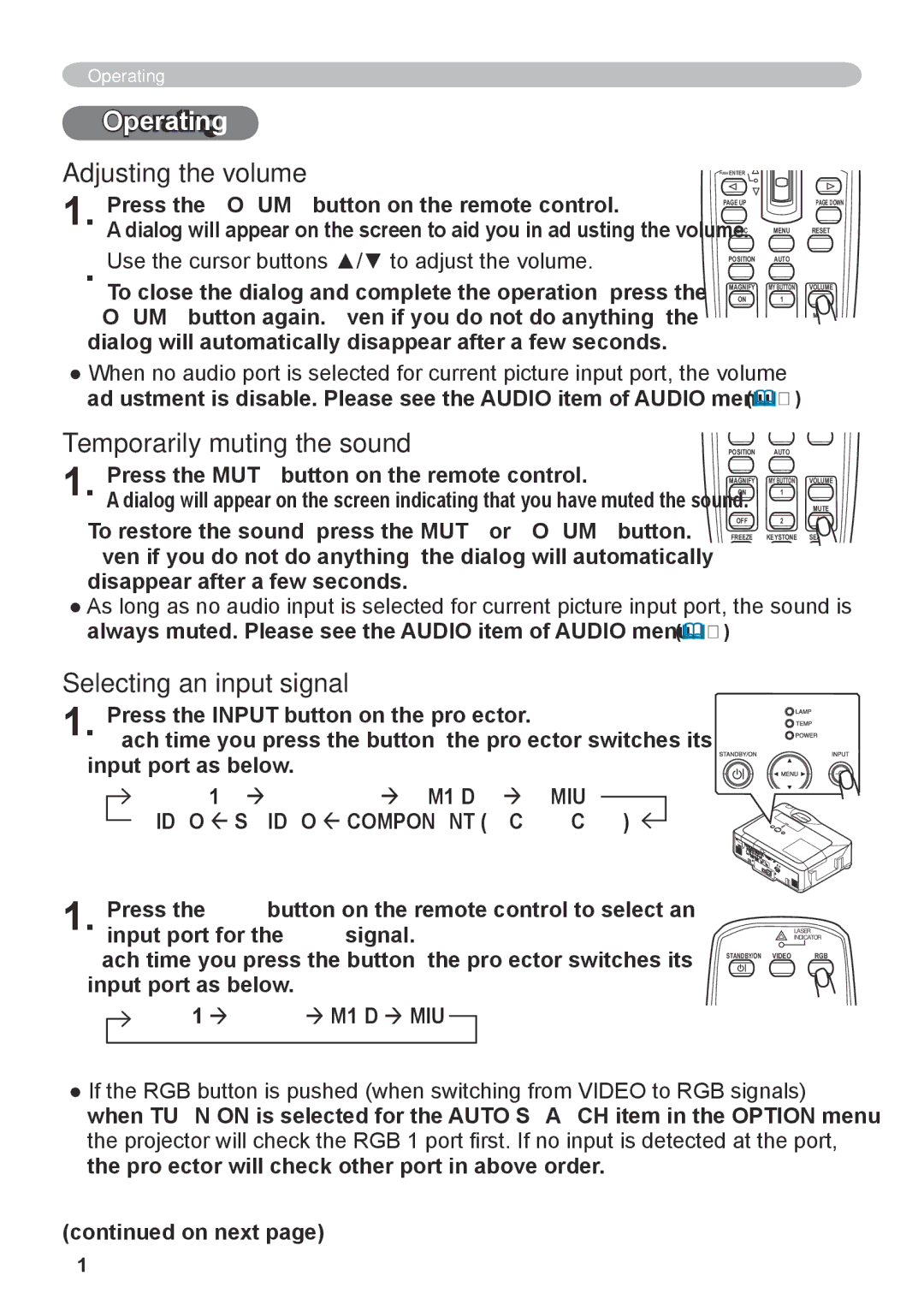 Hitachi CP-X608 user manual Operating, Adjusting the volume, Temporarily muting the sound, Selecting an input signal 