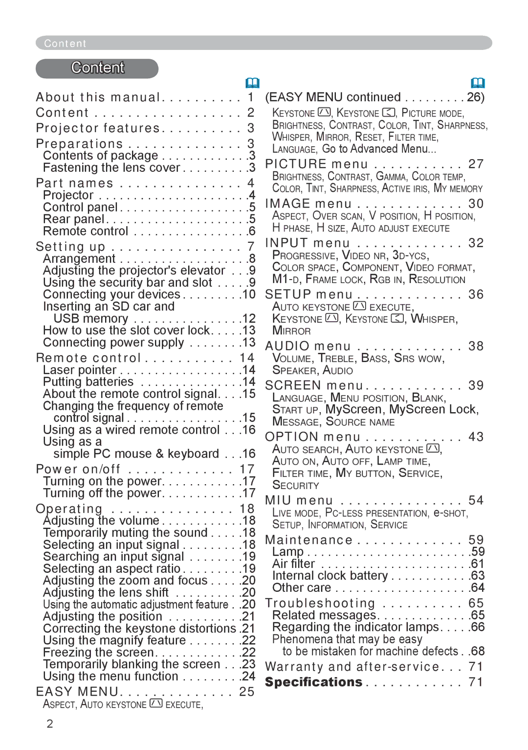 Hitachi CP-X608 user manual Content 