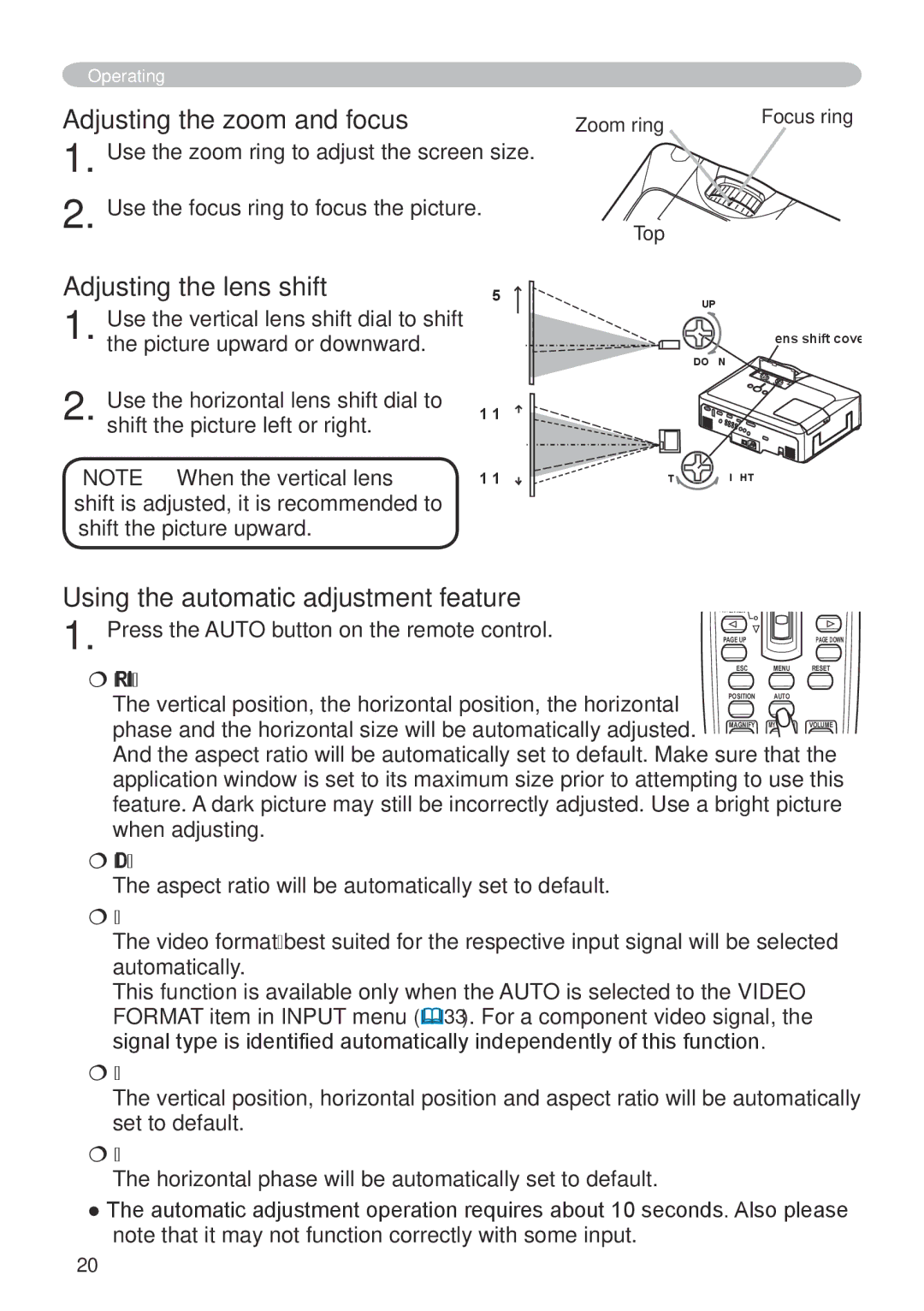 Hitachi CP-X608 user manual Adjusting the zoom and focus, Adjusting the lens shift, Using the automatic adjustment feature 