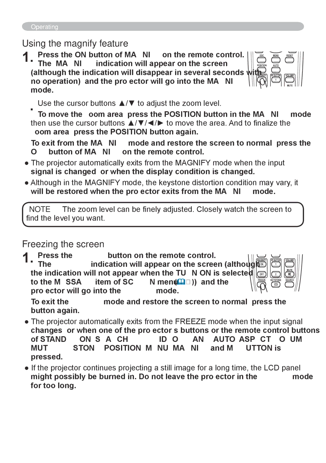 Hitachi CP-X608 Using the magnify feature, Freezing the screen, Press the on button of Magnify on the remote control 