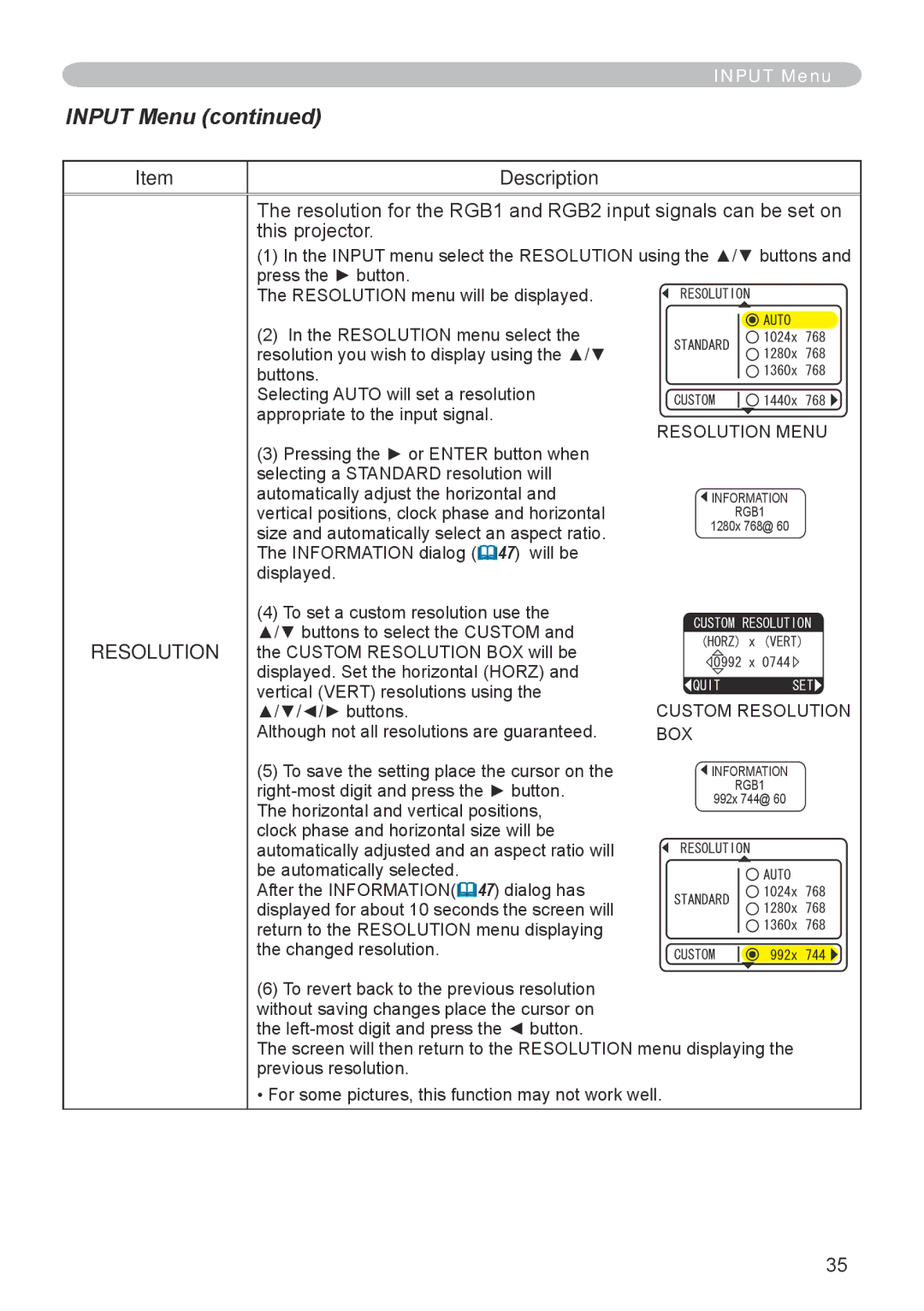 Hitachi CP-X608 user manual Custom Resolution BOX 