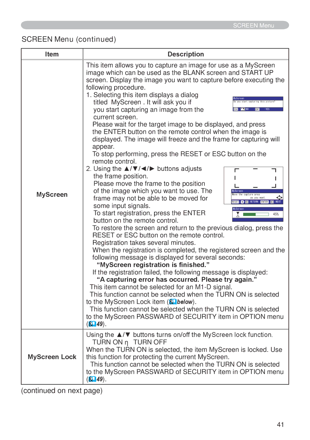 Hitachi CP-X608 user manual MyScreen registration is finished, Capturing error has occurred. Please try again 