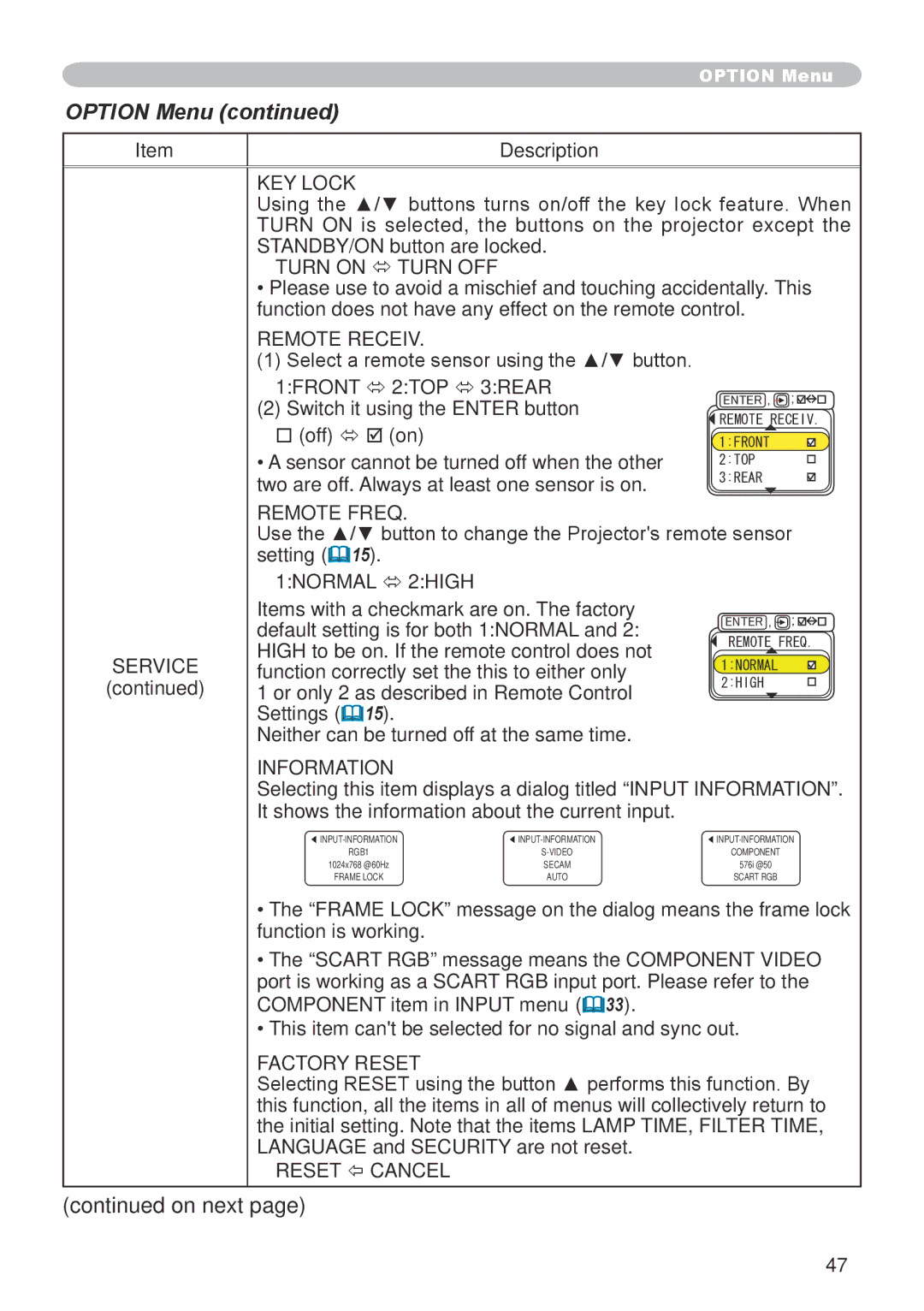 Hitachi CP-X608 user manual KEY Lock, Remote Receiv, Remote Freq, Information, Factory Reset 