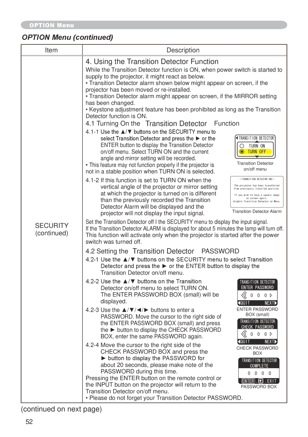 Hitachi CP-X608 user manual Using the Transition Detector Function, Turning On the Transition Detector Function 