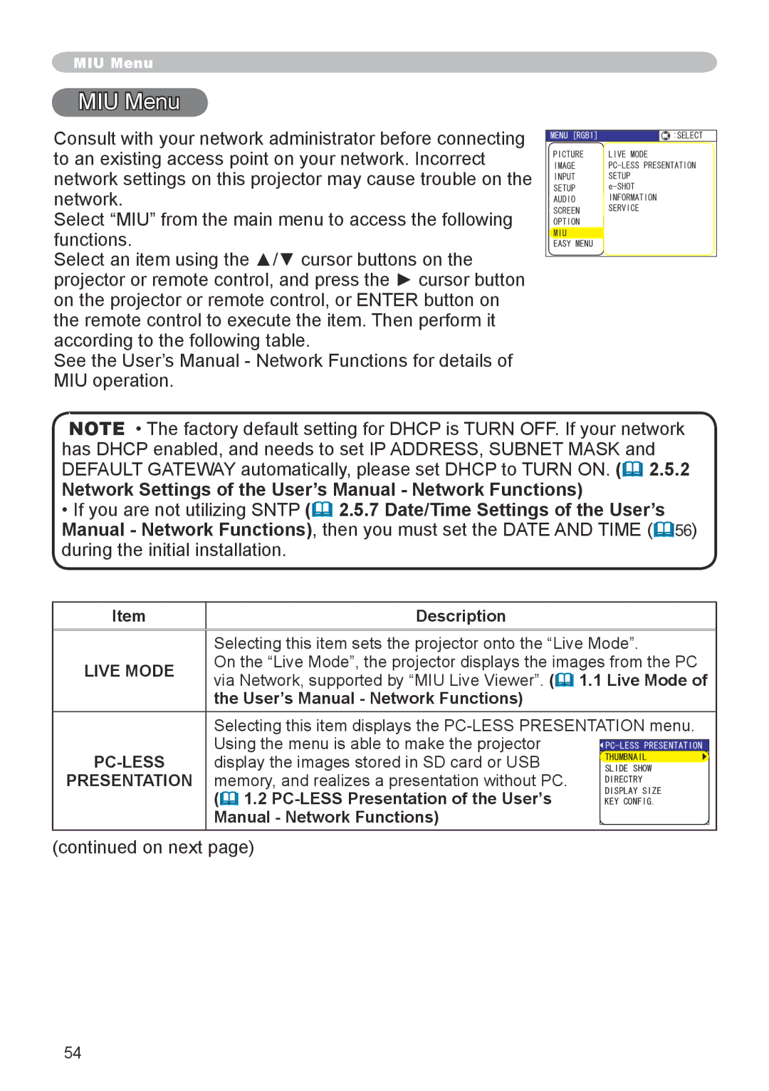 Hitachi CP-X608 user manual MIU Menu, Live Mode, Pc-Less, Presentation 