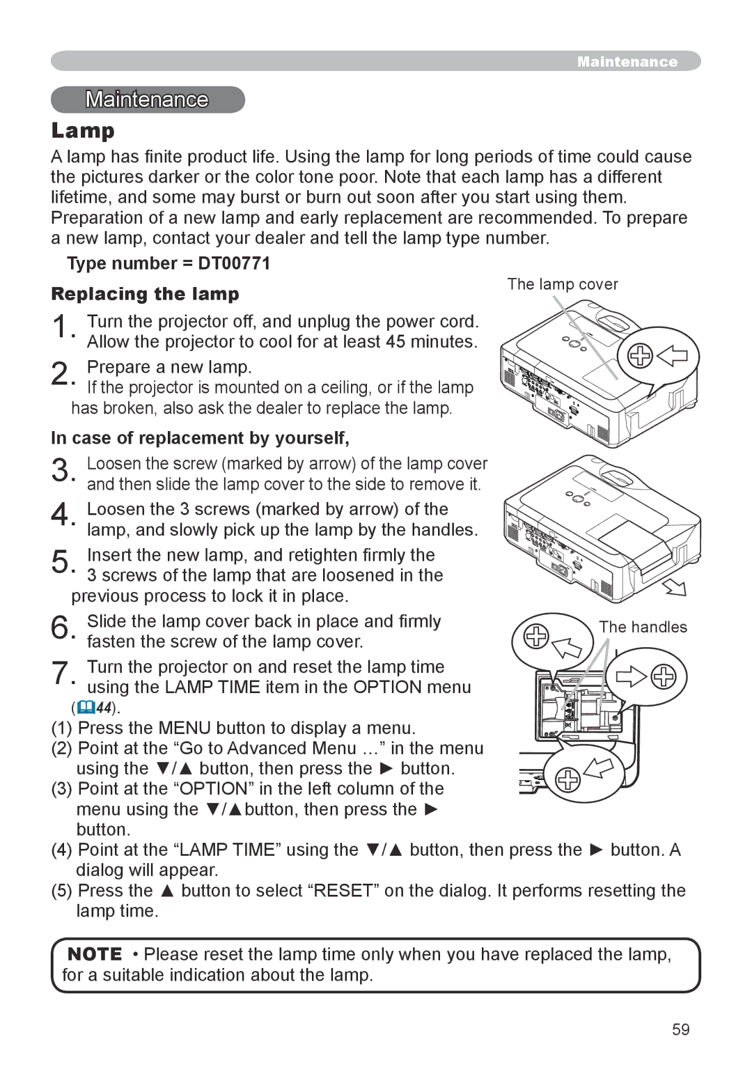 Hitachi CP-X608 Maintenance, Lamp, Type number = DT00771 Replacing the lamp, Case of replacement by yourself, 44 