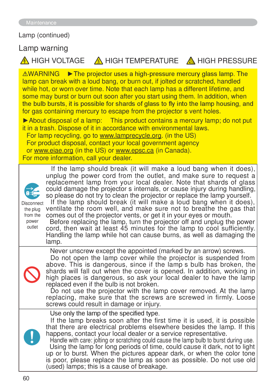 Hitachi CP-X608 user manual Lamp warning 