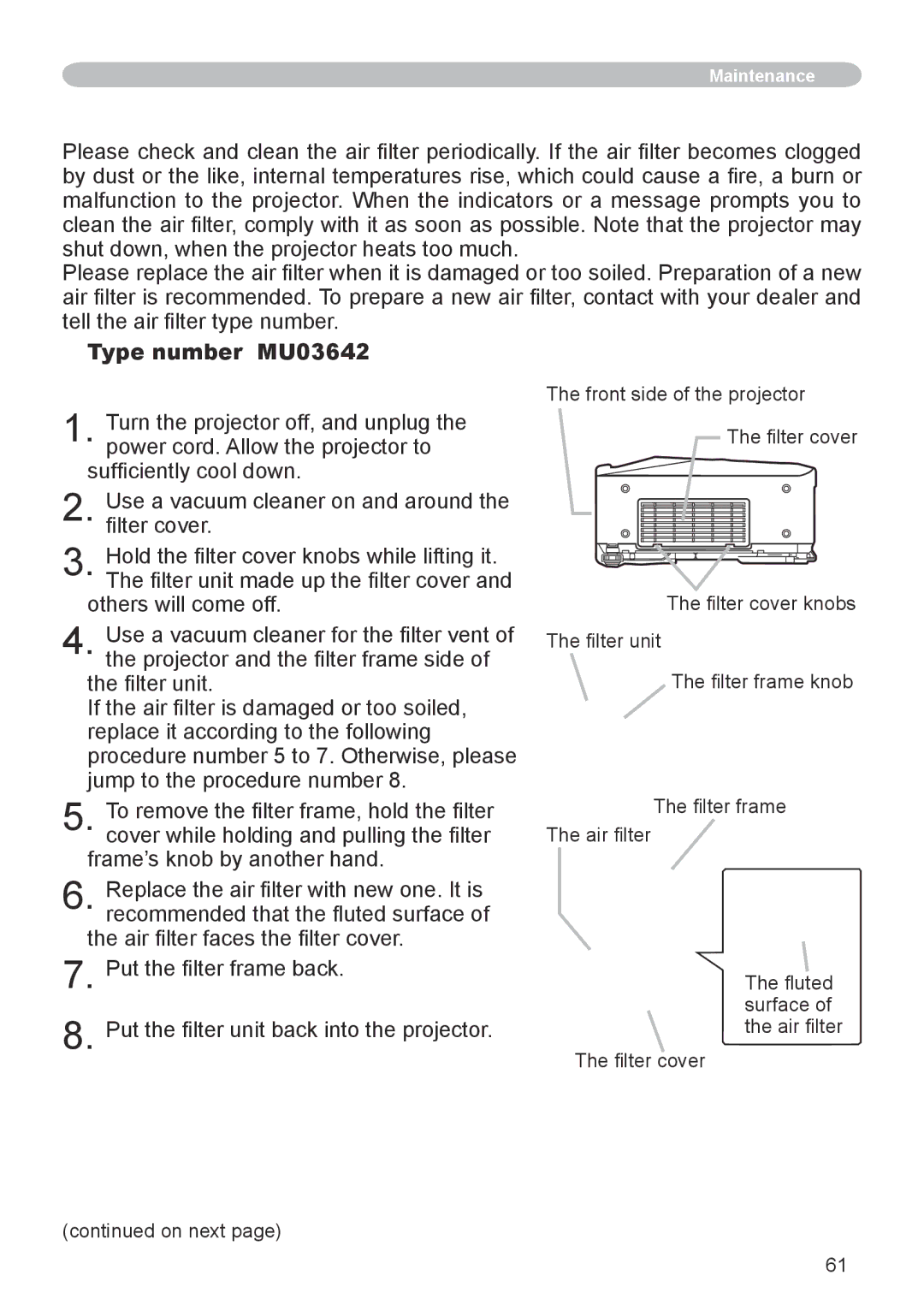 Hitachi CP-X608 user manual Air filter, Type number = MU03642 Cleaning the air filter 