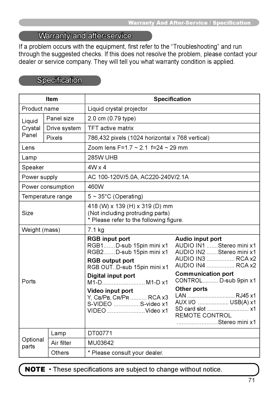 Hitachi CP-X608 user manual Warranty and after-service, Specification 