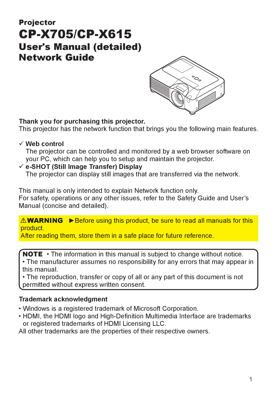 Hitachi CP-X615 user manual Thank you for purchasing this projector, Web control, Shot Still Image Transfer Display 