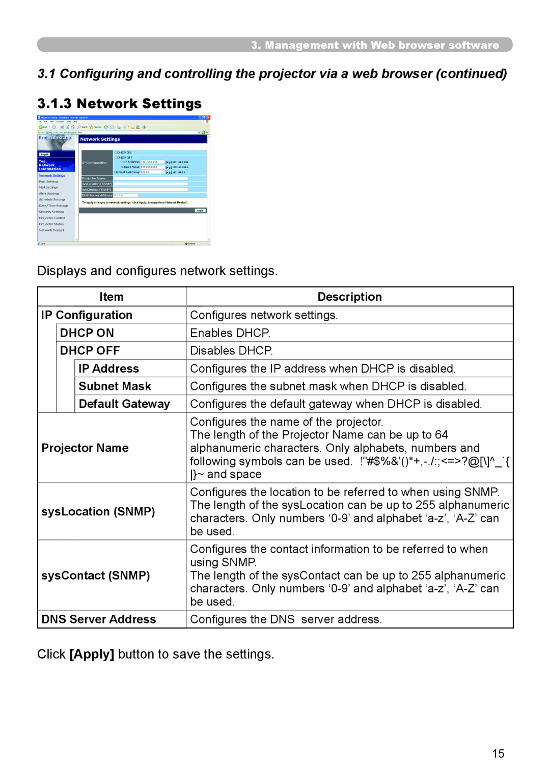 Hitachi CP-X615 Displays and configures network settings, Click Apply button to save the settings, Dhcp on, Dhcp OFF 