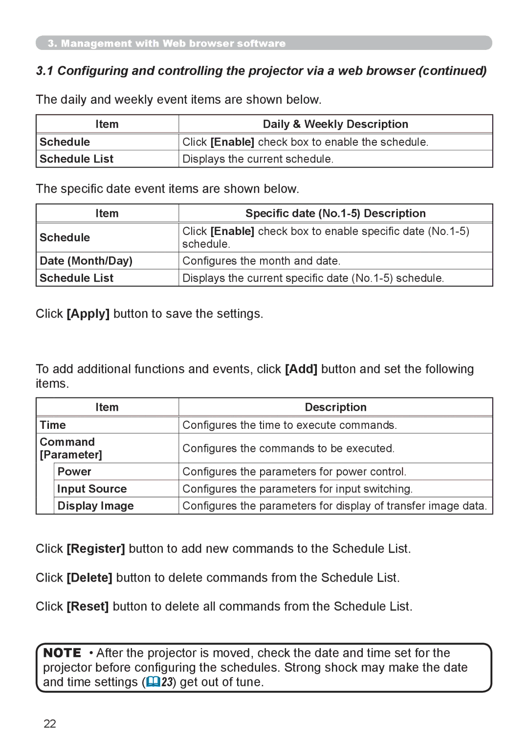 Hitachi CP-X615 user manual Daily and weekly event items are shown below, Specific date event items are shown below 