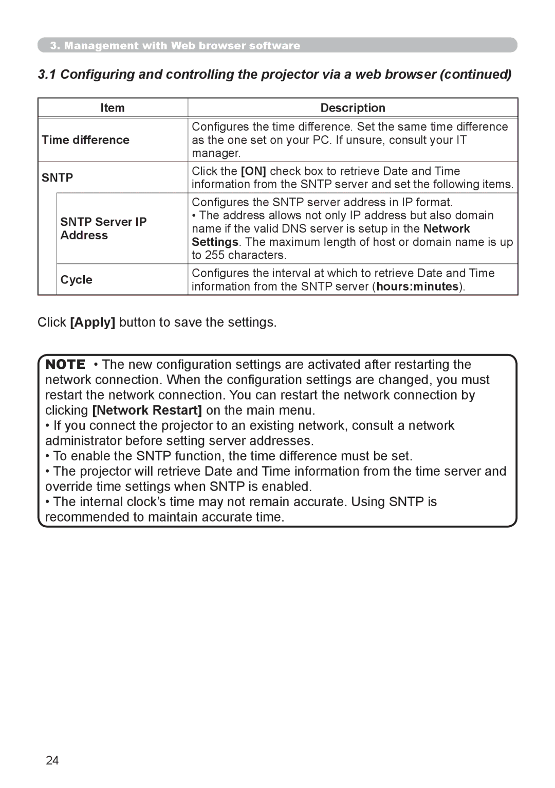 Hitachi CP-X615 user manual Time difference, Sntp Server IP, Address, Cycle 