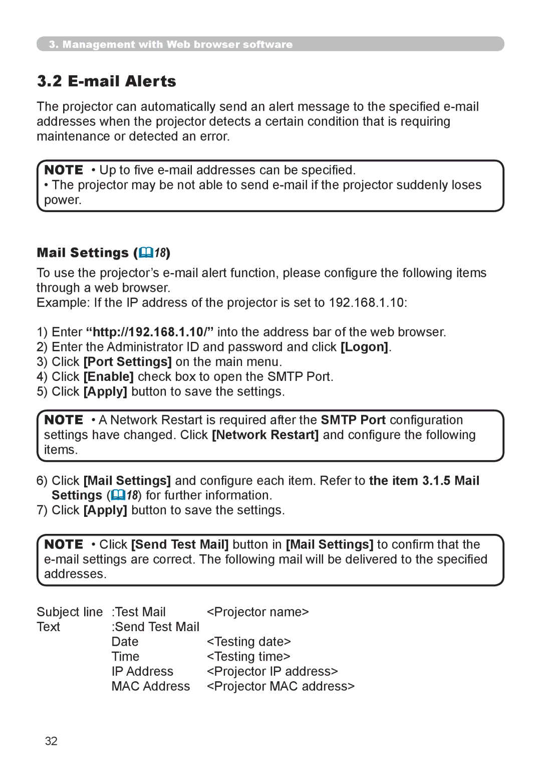 Hitachi CP-X615 user manual Mail Alerts, Mail Settings 18 