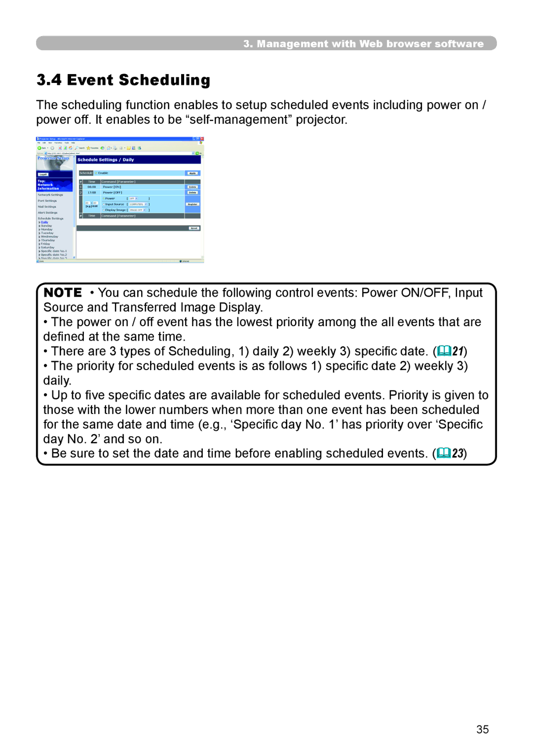 Hitachi CP-X615 user manual Event Scheduling 