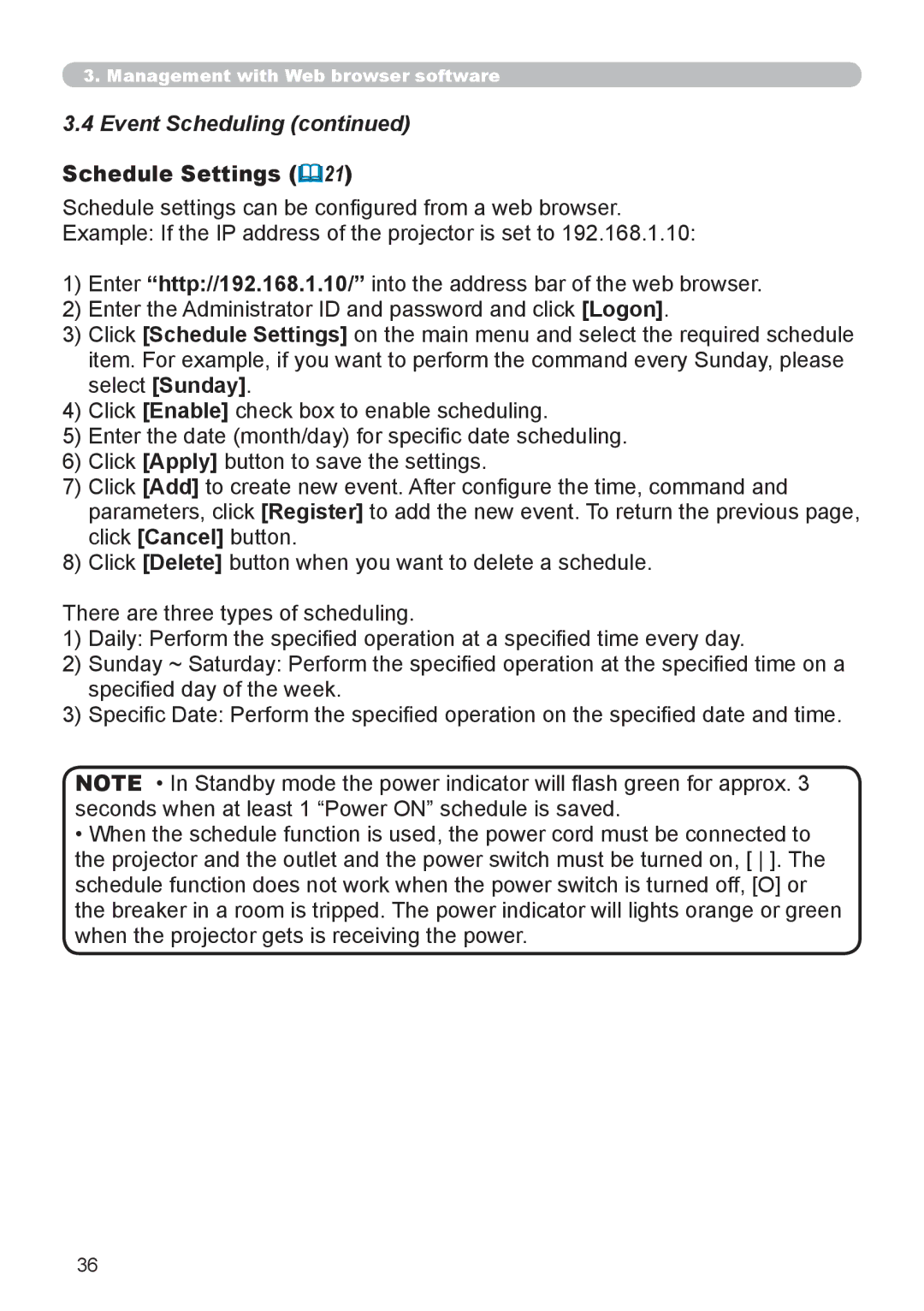 Hitachi CP-X615 user manual Event Scheduling, Schedule Settings 21 