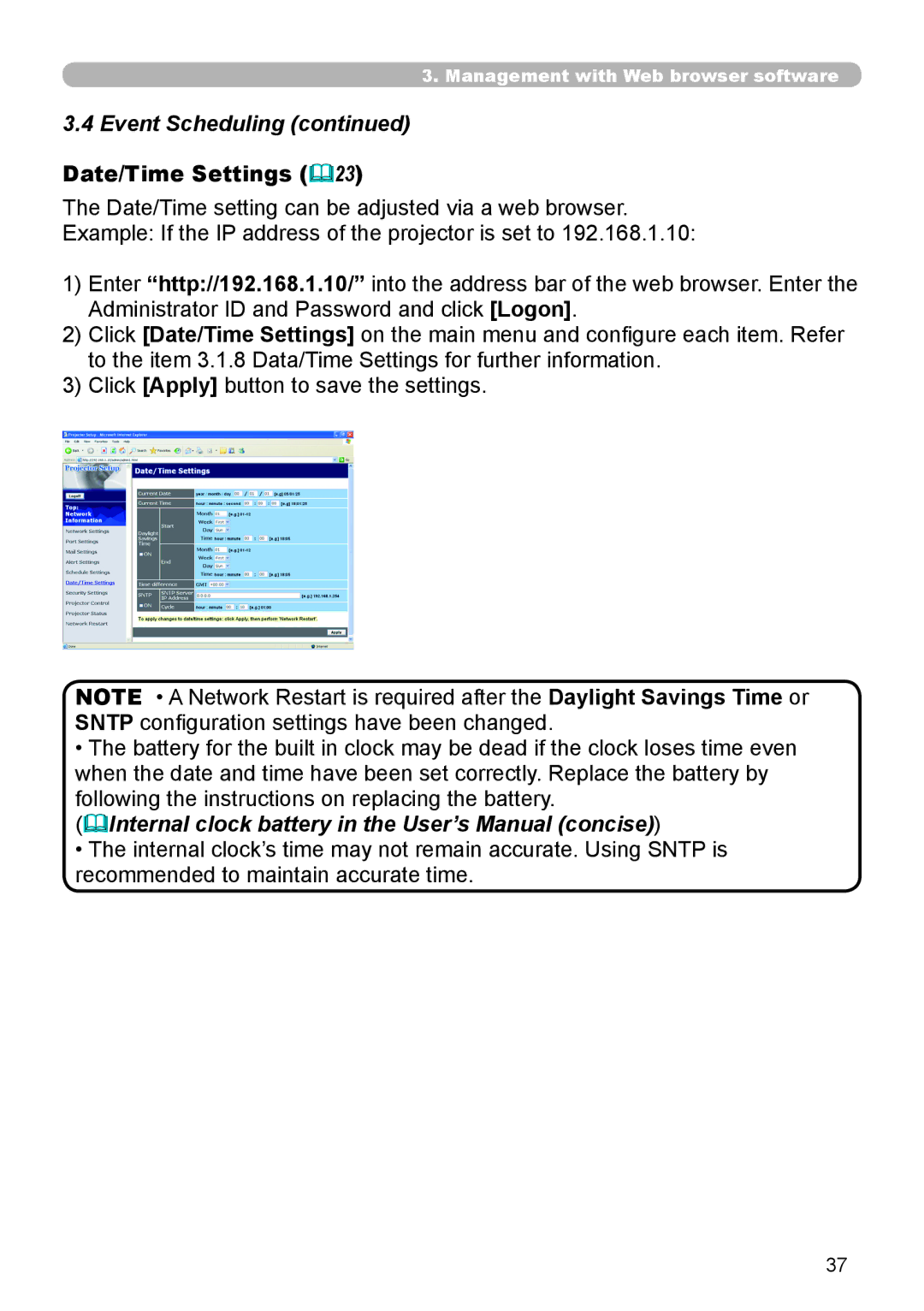 Hitachi CP-X615 user manual Date/Time Settings 23, Internal clock battery in the User’s Manual concise 