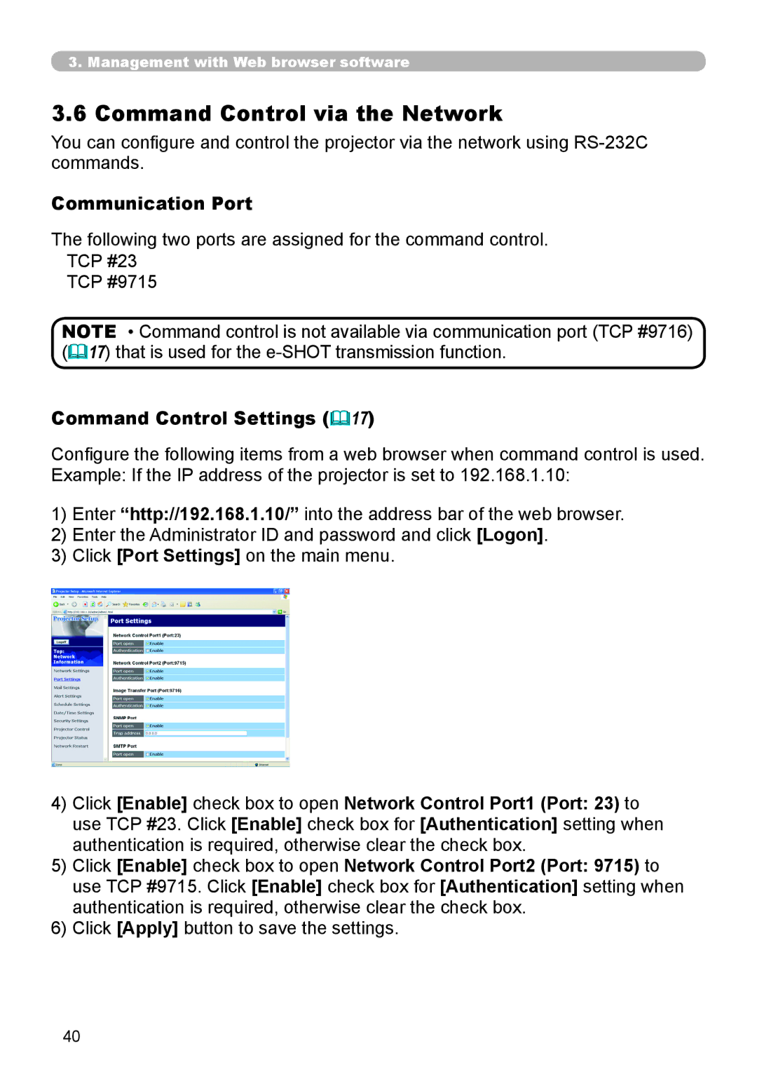 Hitachi CP-X615 user manual Command Control via the Network, Communication Port, Command Control Settings 17 