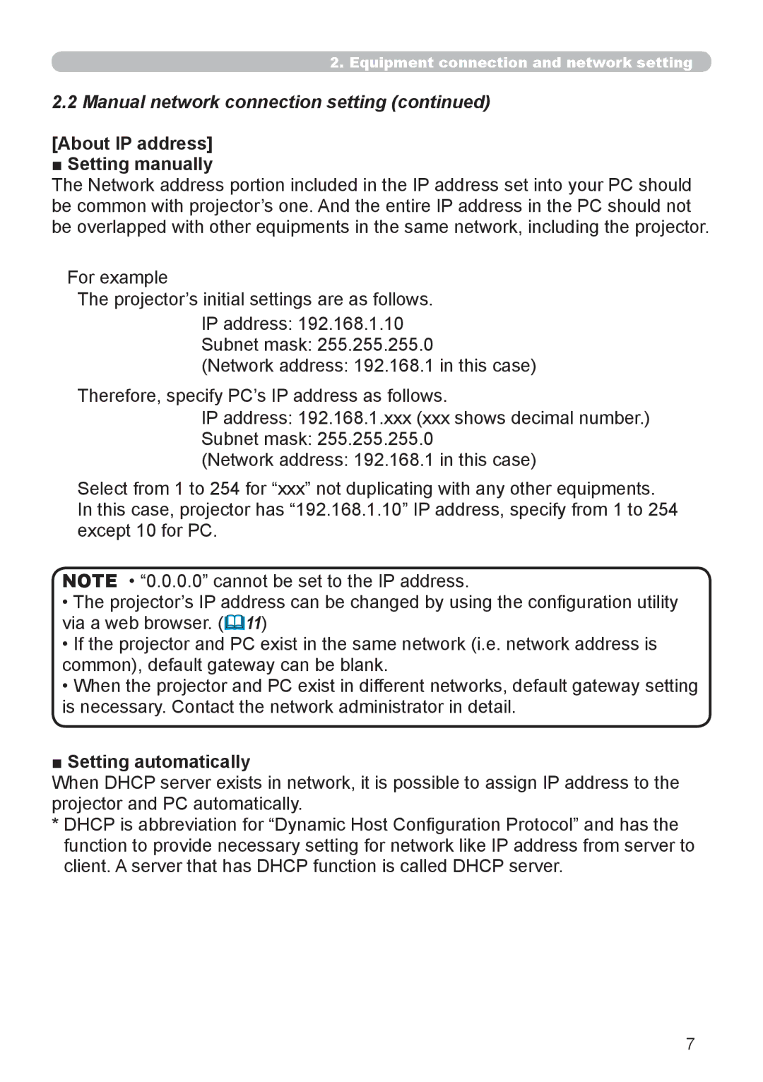 Hitachi CP-X615 user manual About IP address Setting manually, Setting automatically 