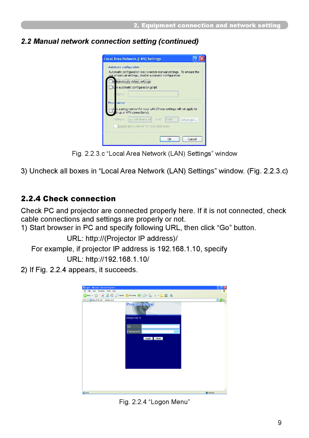 Hitachi CP-X615 user manual Check connection, c Local Area Network LAN Settings window 