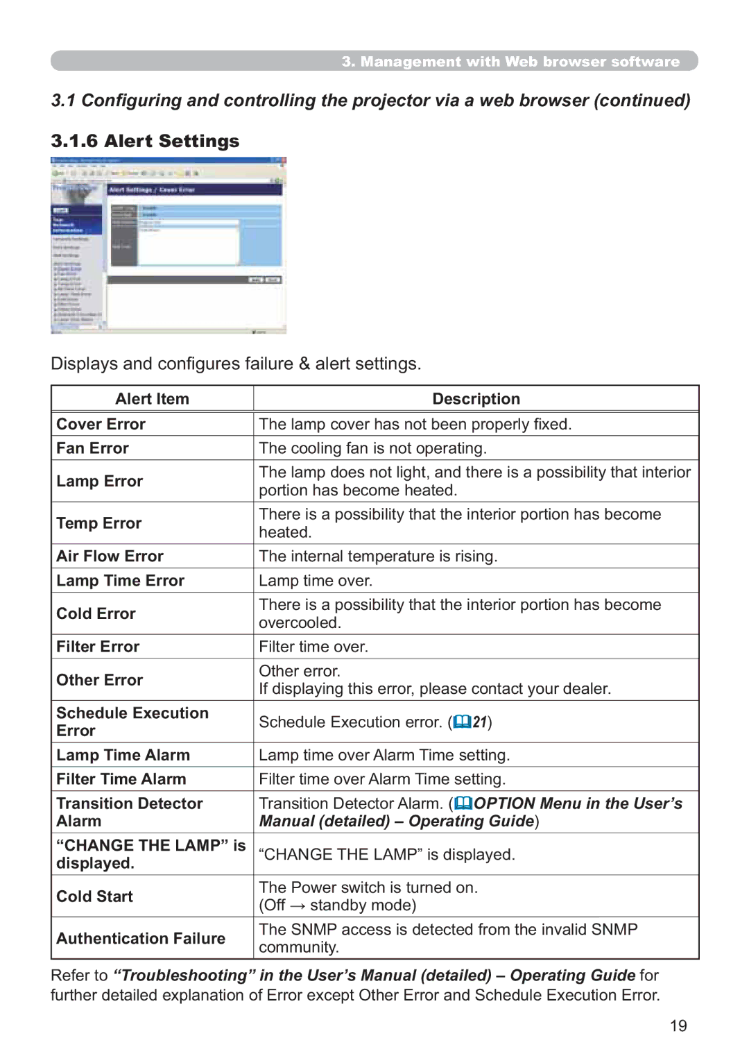 Hitachi CP-X705W, CP-X615W user manual Alert Settings, Lvsod\VDqgFrq¿JxuhvIdloxuh DohuwVhwwlqjv 