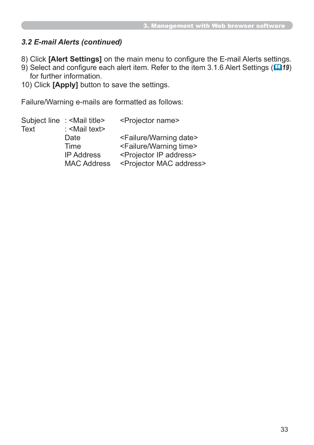 Hitachi CP-X705W, CP-X615W Mail Alerts, DloxuhDuqlqjHPdlovDuhIrupdwwhgDvIroorzv, Dwh, Time Failure/Warning time 