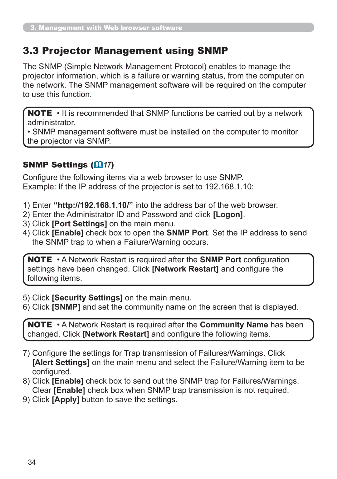 Hitachi CP-X615W, CP-X705W user manual Projector Management using Snmp, Snmp Settings 