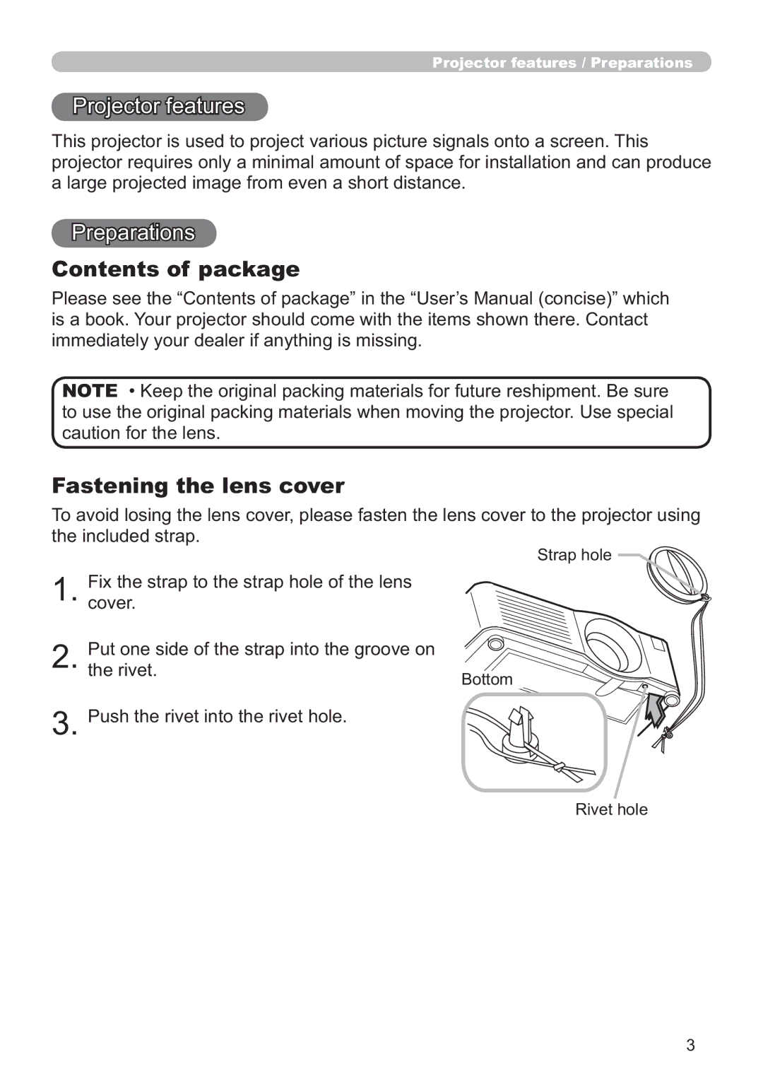 Hitachi CP-X615W, CP-X705W user manual Contents of package, Fastening the lens cover 